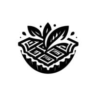 Stylized Black and White Illustration of a Pie with Leaf Garnish, Modern . vector