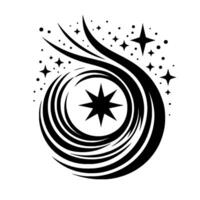 A Black and White Minimalist Composition Featuring a Central Star Within Swirling Lines, Surrounded by Smaller Stars and Dots. vector