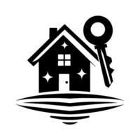 Black White Minimalist Illustration House Silhouetted with a Key, Sparkles, and a Landing Pad Symbolizing Home Ownership and New Beginnings. vector