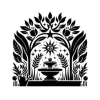 Symbolic Black White Garden Scene Fountain, Foliage, Celestial Elements in a Decorative Composition vector