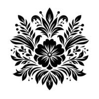 Symmetrical floral and foliage in black on white, stylized damask pattern, with a central flower and decorative elements, artistic illustration. vector