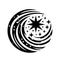 A swirling cosmic emblem features a central star and surrounding stars, dots, and curved lines in a bold, minimalist blackandwhite style. vector