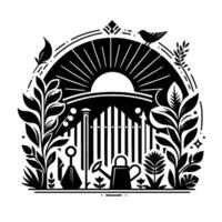 Stylized monochrome illustration depicting a garden scene with fence, tools, bird, plants, and sunburst background inside an arched frame. vector