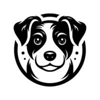 A stylized, black and white portrait of a happy dogs face, within a circular frame, emphasizing its friendly expression. vector