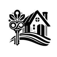 A stylized black and white illustration, depicting a house with a curved roof and a decorative key, symbolizing home ownership and security, against a bright white background. vector