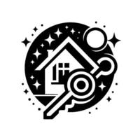 Black and white of a house, key, and stylized elements on a circular backdrop representing homeownership, security, and opportunity. vector