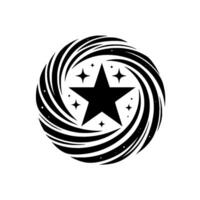 Black star emblem with a radiating vortex of curved lines and scattered starshaped particles, evoking a sense of energy and cosmic wonder. vector