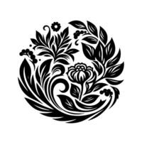 Intricate Black Floral Circular on White Background Stylized Flowers, Leaves, Berries, and Swirls Create a Symmetrical Pattern, Artsy and Elegant Composition. vector