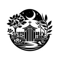 Serene blackandwhite garden illustration featuring a moonlit sky, arched entrance, trees, foliage, flowers, and a pathway in circular frame. vector