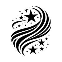A Black and White Cosmic Featuring Stars of Various Sizes Adorning Curving Swirls and Diamons on a White Background. vector