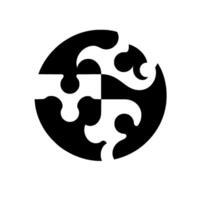 A circular puzzle composed of four interlocking pieces in black and white, symbolizing unity and completion, with a simple modern aesthetic. vector