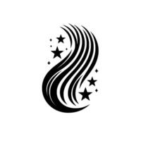 A swirling black illustration of flowing stylized hair or abstract form, adorned with starshaped celestial elements against a white background. vector
