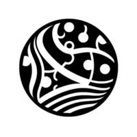 Black and white stylized circular artwork depicting a fish with flowing lines, dots, and water, creating a decorative abstract . vector