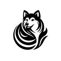 Black and white stylized illustration of a smiling huskylike wolf, curled up in a circular , with detailed fur patterns and a friendly expression. vector