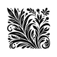 Intricate Black and White Floral Pattern in a Square Composition with Decorative Swirls, Leaves, and Berries. vector