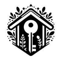Black White Hexagonal Home Illustration with Key and Floral Elements Symbolizing Security and Nature. vector