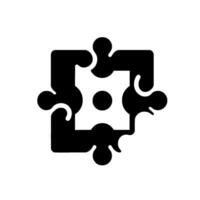 A symmetrical black and white jigsaw puzzle comprised of pieces interlocked in a square shape, with a central circular element. vector