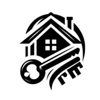 Sleek black and white real estate featuring a stylized house silhouette with keys, within a circular frame, representing property ownership. vector