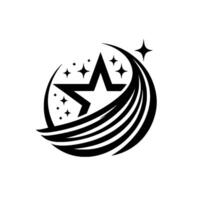 Black and White Starburst A stylized star within a crescent shape, surrounded by smaller stars and dynamic curved lines. vector