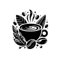 A stylized black and white coffee emblem featuring a steaming cup surrounded by coffee beans and lush leaves, creating a harmonious blend. vector