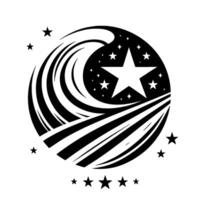 Black and White Abstract Emblem A Circular with a Large Star, Moonlike Shapes, and Linear Elements Against a White Background. vector