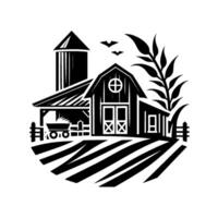 Stylized Black and White Farm Scene Depicting Barn, Silo, Wagon, Field, Birds, and Foliage within a Circular Composition. vector