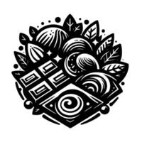 Elegant black and white illustration of chocolate, nuts, and leaves, in a decorative, circular arrangement. vector