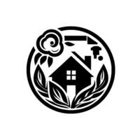 Black and white circular featuring a house encircled by foliage, a stylized flower, and clean lines, suggesting natures embrace. vector
