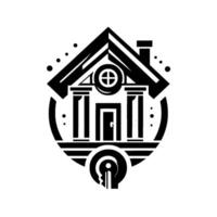 Black and white geometric illustration of a house with a key, circular frame, symbolic of home ownership and security, minimalist . vector