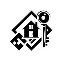 Abstract Black and White Real Estate Featuring House, Key, and Geometric Shapes, Conveying Security and Home Ownership. vector