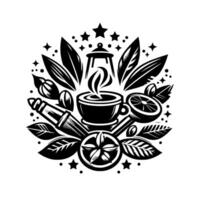 Black and White Circular Coffee and Citrus Motif with Leaves, Stars, and Geometric Elements vector