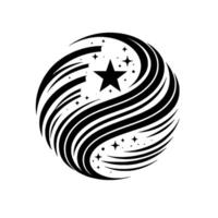 Black and White Abstract Celestial Orb with a Central Star and Swirling Streamers, Evoking Movement and Cosmic Energy. vector