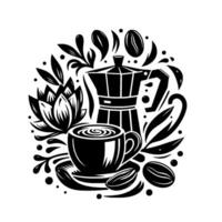 Artistic Black and White CoffeeThemed Illustration Cup, Percolator, Beans, Floral Elements, and Dots Compose a Circular . vector