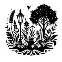 Stylized Black and White Garden Illustration with Lamppost, Watering Can, Hummingbird, and Diverse Flora on a Decorative Base. vector