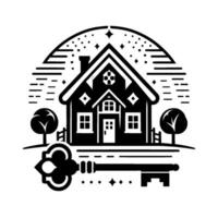 Silhouette of a charming house with a key, evoking homeownership, security, and a tranquil, nighttime ambiance under a starry sky. vector