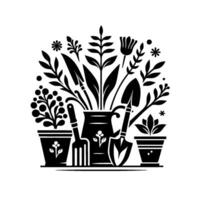 Minimalist Garden Illustration A Black White Arrangement of Plants, Tools, and Pottery, Creating a Harmony of Nature and Cultivation. vector