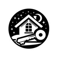 Black and white circular emblem of a house and key, representing home ownership under a starry night sky, symbolizing security. vector