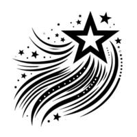 Black and white illustration of a large star with a burst of curving lines and smaller stars and dots. vector