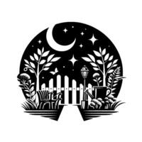 Silhouette of a nighttime garden scene within a circle a white picket fence, bench, trees, stars, crescent moon, and gardening tools. vector
