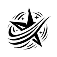 Bold black and white featuring a central fivepointed star with swooshing streaks, surrounded by swirling curved lines and star icons on a white background, minimalist . vector
