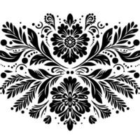 Symmetrical Floral in Black and White with Detailed Leaves, Swirls, and Dots, a Classic Decorative Motif. vector