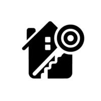 Black and white illustration of a house and key, representing home ownership and security, with a simple yet impactful on a white background. vector