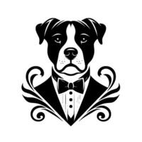 A formal, stylized black and white illustration of a refined pit bull terrier in a tuxedo and decorative flourishes, exuding elegance. vector