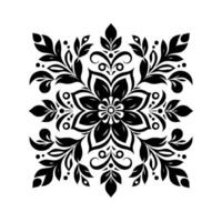 Intricate Monochrome Floral Symmetrical Black Flower Leaf Pattern, Square Composition. vector