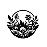 Elegant black and white botanical illustration, featuring stylized flowers, plants, leaves, and grass enclosed within a circular frame, creating a harmonious, balanced . vector