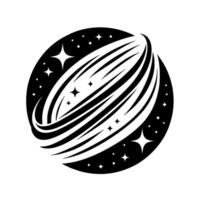 A minimalist black and white featuring an oval shape with flowing lines resembling an orbit, surrounded by sparkling stars within a dark circular background, on a white backdrop. vector