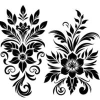Elegant Black Floral Pattern Two Symmetrical Arrangements of Stylized Flowers, Leaves, and Curlicues on a White Background, in a Classic Decorative Style. vector