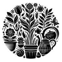 Black and White Circular Illustration of Garden Elements Plants, Teapots, and Butterfly, in a decorative, folkart style. vector