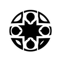 Geometric black white circular , crossshaped center with dropletlike shapes inside a larger circular frame, minimalist style. vector