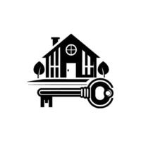 Minimalist Black and White Real Estate House silhouette with key, trees, and subtle shadow on a gradient gray background. vector
